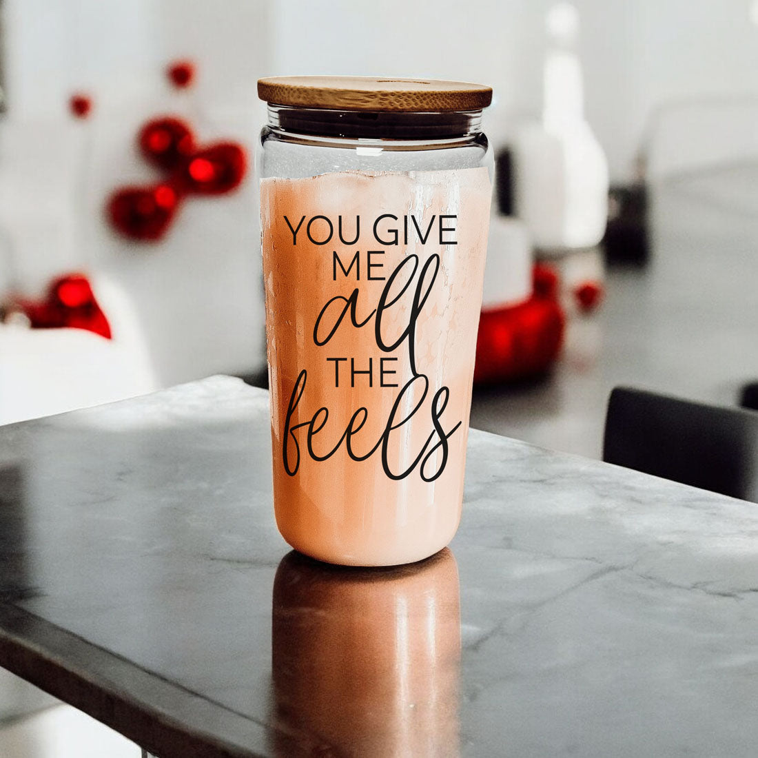 Romantic 20oz glass cup with bamboo lid and glass straw, "You Give Me All the Feels".
Charming 20oz glass cup with bamboo lid, glass straw, and "You Give Me All the Feels" design.
20oz glass cup with bamboo lid and glass straw, "You Give Me All the Feels" for Valentineās Day.